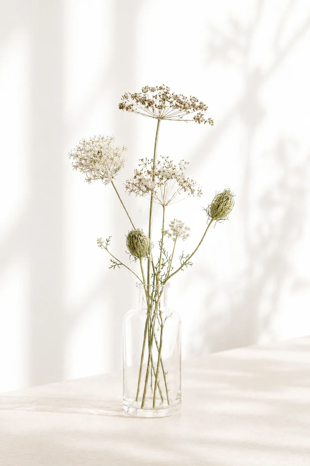 Florero de vidrio con milenrama en un espacio luminoso y sereno