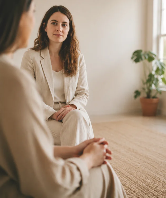 Dos personas en una sesión de conversación en un espacio sereno y luminoso, en actitud de escucha y atención.