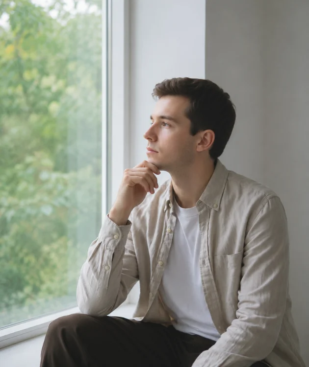 Hombre sentado junto a una ventana, en actitud reflexiva y contemplativa, mirando hacia el exterior con luz natural suave.