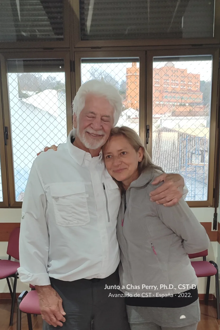 vonne Rojas junto a Chas Perry durante una formación avanzada de Terapia Craneosacral en España.