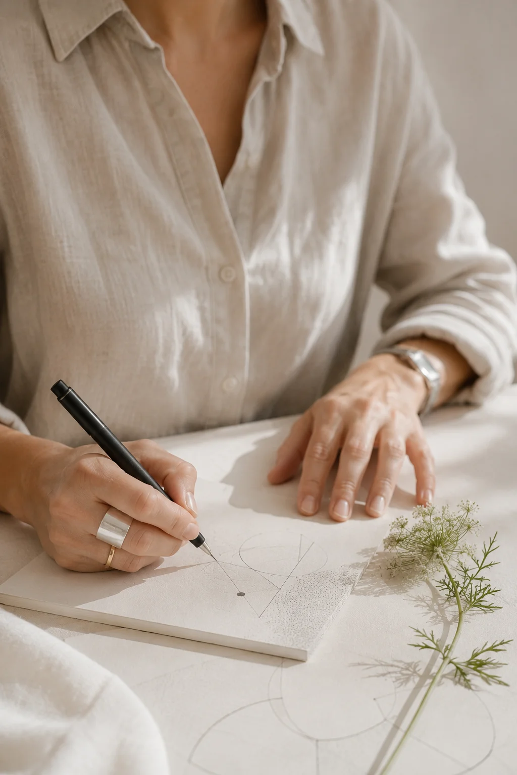 Manos dibujando formas geométricas sobre papel junto a una milenrama, representando la integración entre pensamiento estructurado y sensibilidad humana.