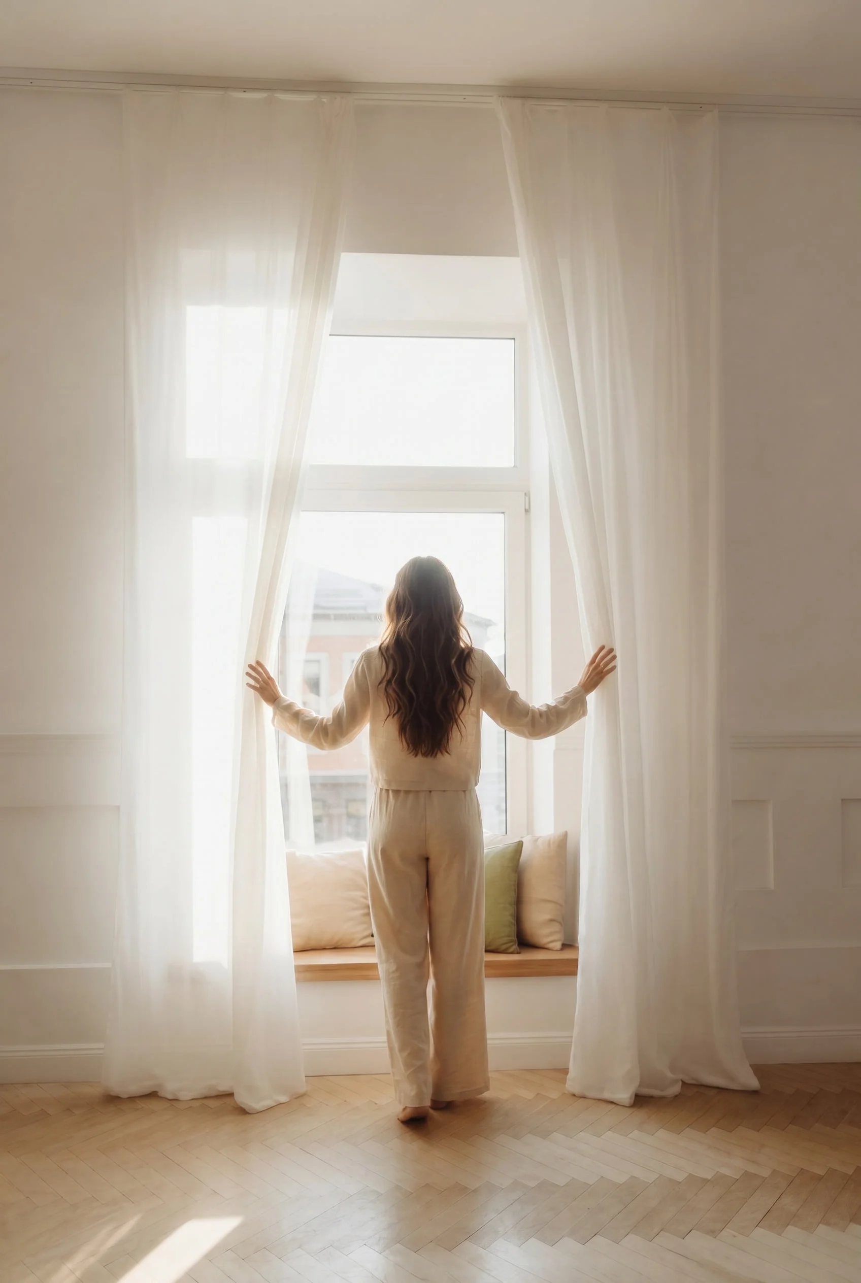 Mujer abriendo suavemente unas cortinas frente a una ventana luminosa, transmitiendo sensación de apertura, calma y espacio interior. Mujer abriendo suavemente unas cortinas frente a una ventana luminosa, transmitiendo sensación de apertura, calma y espacio interior.