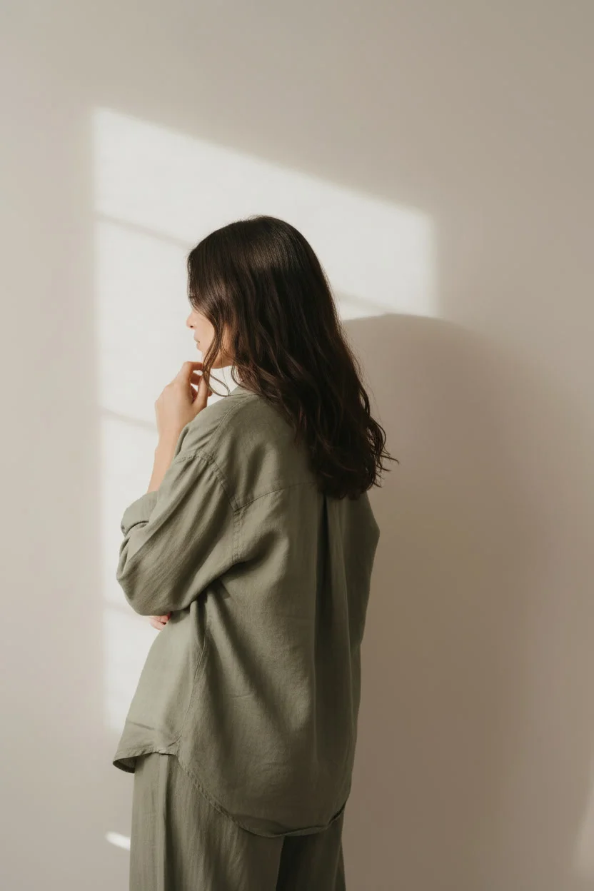 Mujer de espalda en actitud reflexiva cerca de la ventana Mujer de espaldas junto a una ventana, en un momento de pausa y recogimiento, iluminada por luz natural suave en un espacio cálido y tranquilo.