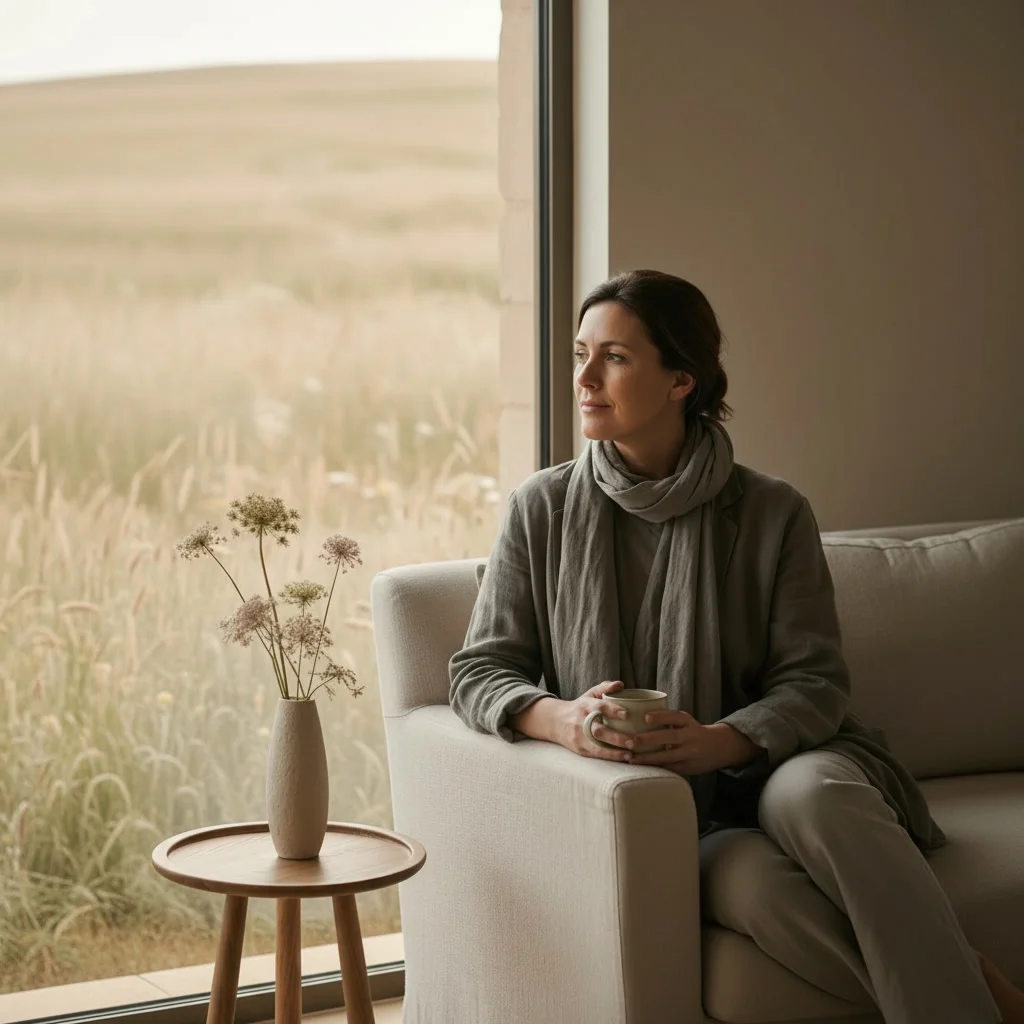 Mujer sentada junto a una ventana mirando un paisaje natural con flores silvestres, en un entorno interior tranquilo con un florero