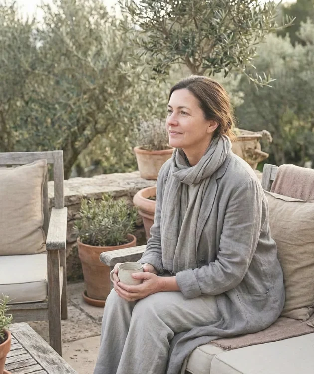 Mujer sentada en una terraza tranquila rodeada de naturaleza, sosteniendo una taza entre las manos en un momento de calma y presencia.
