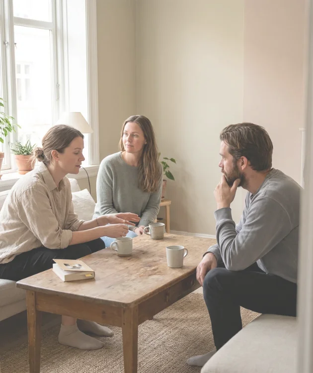 Tres personas conversando en un espacio cálido y tranquilo, en un ambiente de escucha y presencia compartida.